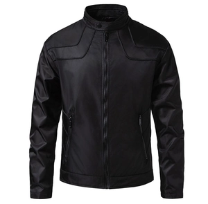 Detail view of black slim fit jacket featuring stand collar with snap button and side zipper pockets