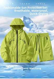 Detail of neon green breathable, waterproof and quick-dry hooded outdoor sun protection set