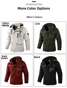 Men's outdoor hooded parka in four colors with functional pockets and slogan details
