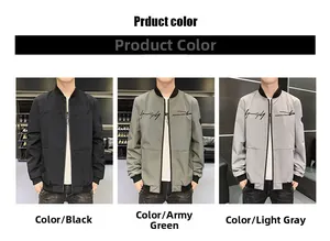 Detailed comparison of men's bomber jackets in black, army green, and light grey colors