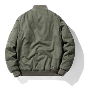 Olive green MA1 bomber jacket with ribbed cuffs and sleeve pocket in a classic army style