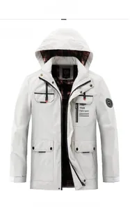 Detail of Ivory White parka jacket with hooded check lining and chest webbing
