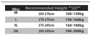 Men's jacket size chart with height and weight guide for M, L, XL, and 2XL sizes