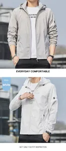 Detail view of men's lightweight sun protection hoodies in white and light grey