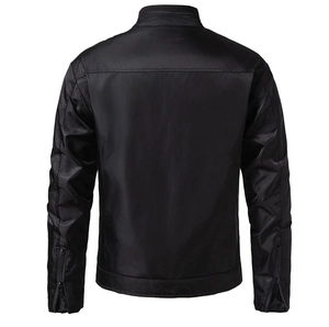 Back view of a sleek black men's bomber jacket featuring industrial zipper details