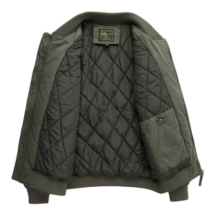 Army green MA1 bomber jacket with quilted thermal lining and inner pocket detail