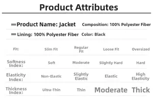 Detailed size chart for black polyester biker jacket showing loose fit and fabric specs
