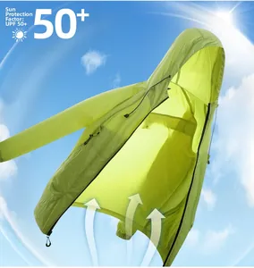 Detail of lime green sun protection jacket with UPF 50 plus rating and breathable fabric