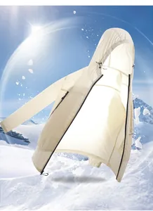 UPF 50+ hooded sun protection jacket with breathable mesh splicing in ivory white color