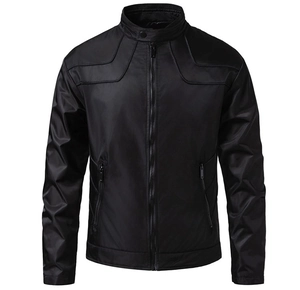 Detailed view of men's black stand collar jacket with zipper pockets and sleek finish