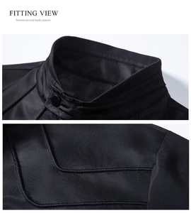 Detail shot of men's slim fit jacket featuring stand collar with snaps and V-shaped stitching