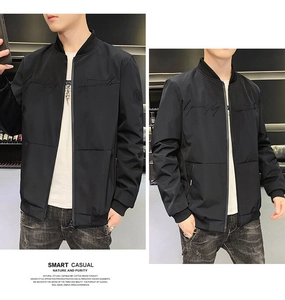 Front and side views of a black flight jacket with cursive embroidery and sleeve badge