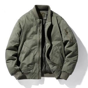 Men's olive green MA-1 bomber jacket with ribbed cuffs and diamond quilted lining