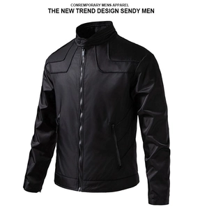 Detail of men's black stand collar jacket featuring shoulder stitching and zip pockets