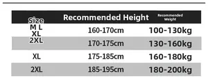 Size chart for men's leather jacket from M to 2XL with height and weight in kg