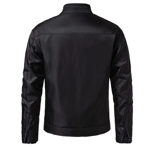 Back view of black stand collar jacket featuring zipper details on sleeves and nylon finish