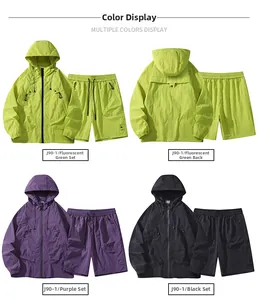 Three-color hooded jacket and shorts set in neon green, purple, and black outdoors