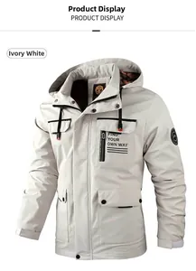 Close-up of ivory hooded parka with chest zipper pocket and slogan find your own way