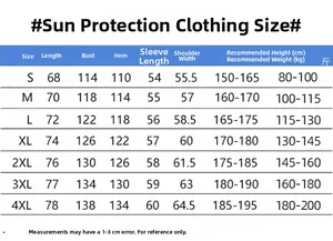 Detailed size chart for hooded sun protection clothing set with measurements from S to 4XL