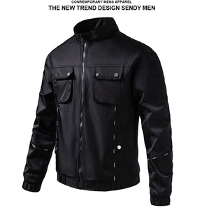 Close-up of black biker jacket featuring side logo tape and front chest utility pockets