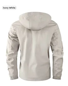 Back view of men's ivory white hooded casual parka jacket with clean hem and ribbed cuffs