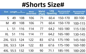Detailed shorts size chart guide for hooded sun protection outdoor sportswear suit