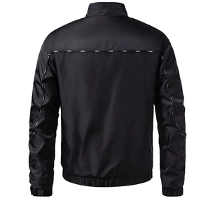 Rear view of black stand collar jacket featuring fashion lettering on the back stripes