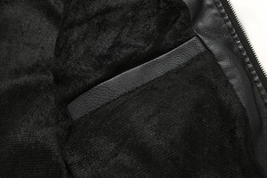 Detail view of American style PU leather jacket featuring thick fleece lining and inner pocket