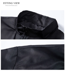 Detail view of standing collar and black zipper on a sleek men's biker jacket