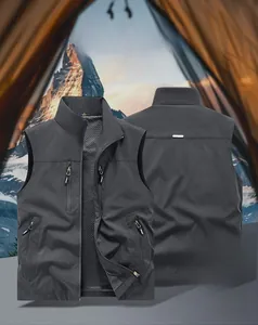Detail view of multi-pocket fishing vest showing the breathable mesh lining and stand collar