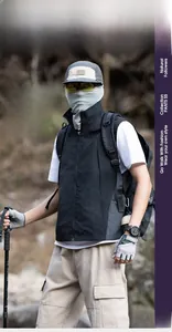 Detail view of lightweight waterproof outdoor vest with zipper pockets and high collar