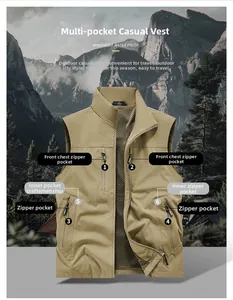 Detail of khaki outdoor vest showing windproof fabric, multiple pockets and mesh lining