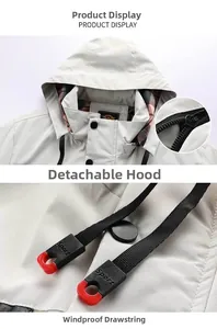 Detail of grey outdoor jacket with removable plaid hood and windproof drawstring