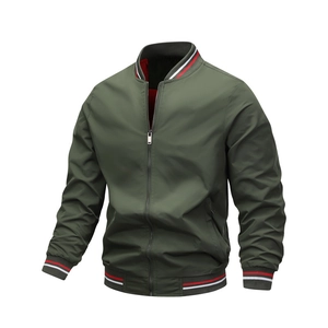Men Casual Bomber Jacket Windproof Baseball Collar Full Zip Striped Ribbed Cuffs Outerwear Fashion Lightweight Male Coat