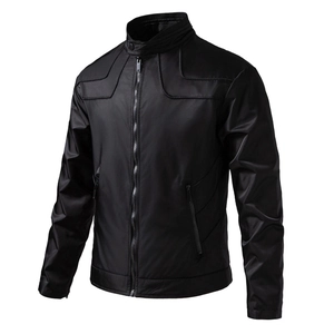 Slim fit men's black stand collar casual jacket with modern geometric shoulder stitching