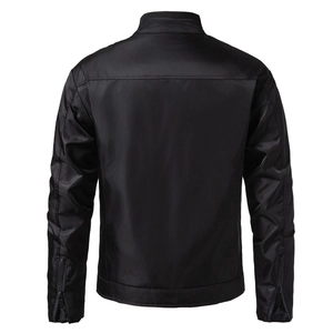 Back view of men's black stand-collar bomber jacket with shoulder seam and zip sleeve details