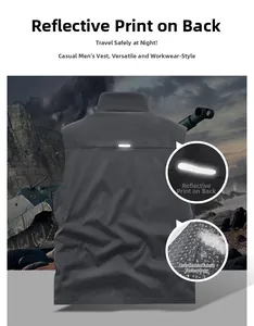Detail of dark gray outdoor vest with reflective safety prints and breathable fabric
