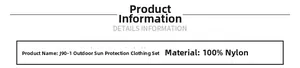 Detail specifications showing 100% Nylon fabric for J90-1 outdoor sun protection suit