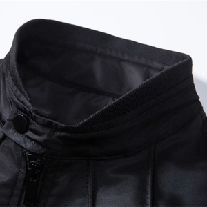 Slim fit black men's jacket with double collar design, zipper and snap button closure
