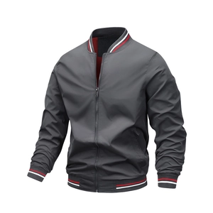 Men's casual baseball jacket in dark grey with striped ribbed cuffs and full zipper