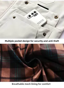Detail of men parka jacket showing chest pocket with phone and breathable mesh lining