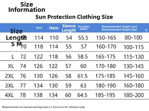 Detailed size chart for hooded sun protection suit ranging from S to 4XL in centimeters