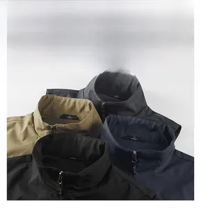 Close-up of multi-pocket utility vest showing stand collar and four available colors