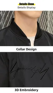 Close-up of ribbed collar and high-quality 3D embroidery on men's black jacket