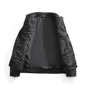 Men's premium stand collar black bomber jacket with ribbed cuffs and matte finish