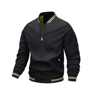 Men's baseball collar jacket in black with neon green lining and striped ribbed cuffs