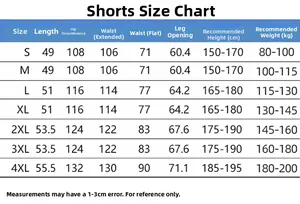 Size chart for outdoor sun-protective shorts showing length, waist, and weight recommendations