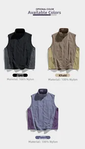Three outdoor tactical vests in color-block styles showing durable nylon fabric details