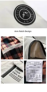 Detail view of men's casual jacket showing waterproof fabric, logo patch and plaid lining