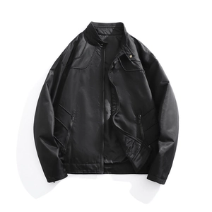Classic black men's stand collar jacket with zip pockets and premium matte finish